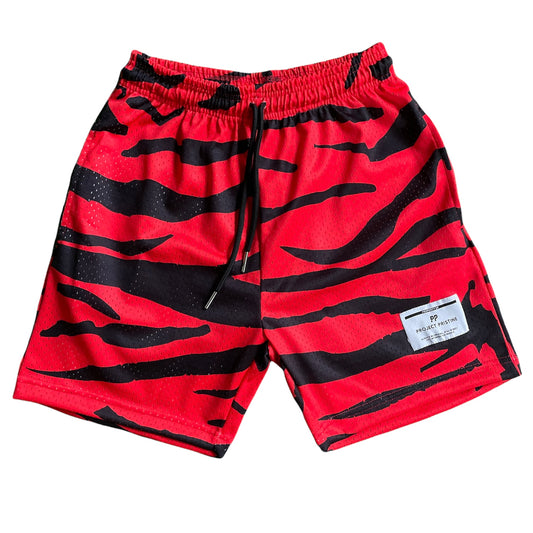 Red & Black Tiger Stripe Mesh Shorts